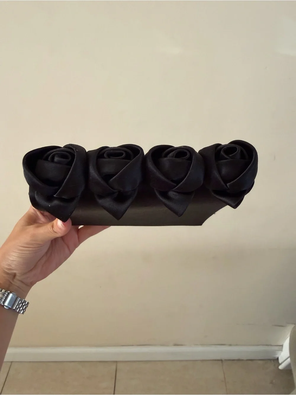Elegant Black Satin Floral-Trim Evening Clutch